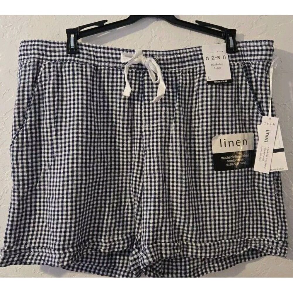 NEW Blue and white checkered DASH Brand Washable Linen Drawstring Shorts‎ Size L